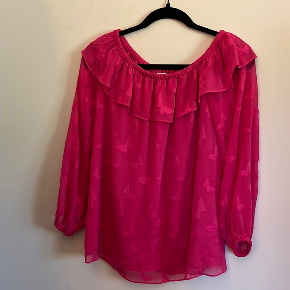 Michael Kors Pink Butterfly Chiffon Layered Ruffle Blouse Sz S